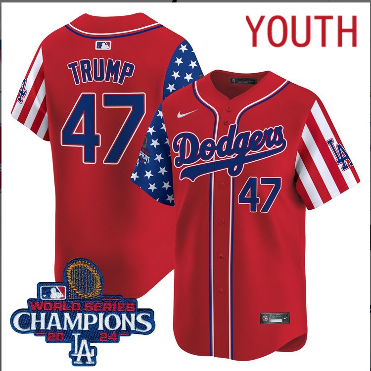 Youth  MLB Los Angeles Dodgers #47 Trump American Style red 2024 World Series Champions  Limited Jersey